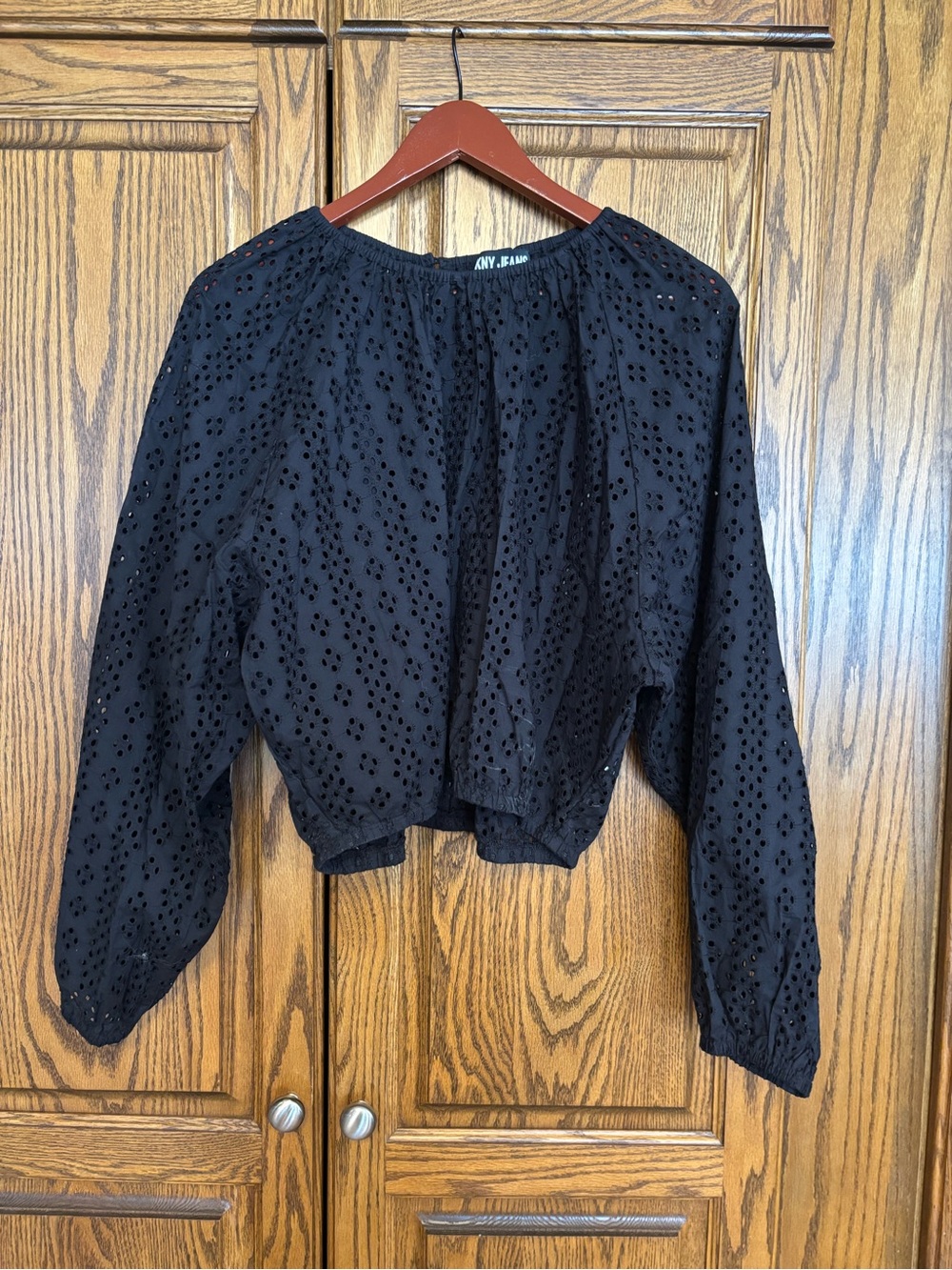 DKNY Black Eyelet Cropped Long-Sleeve Top size large